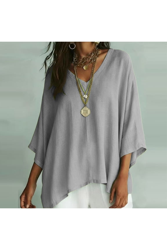 Women's Dolman Sleeve V-Neck Blouse, Oversized Batwing Top, Loose Fit Casual Shirt for Vacation Work Leisure, Gray 2XL