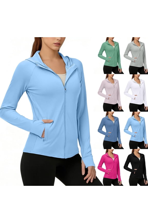 Women's Fitted Hooded Yoga Jacket, Quick-Dry Running Coat, Stretch Athletic Outerwear, Slim Zip-Up Activewear for Workout Casual, Blue 2XL