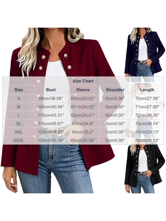 Women's Gold Button Jacket, Stand Collar Blazer Coat, Casual Office Outerwear, Slim Fit with Ornamental Button for Work Party Casual, Navy S