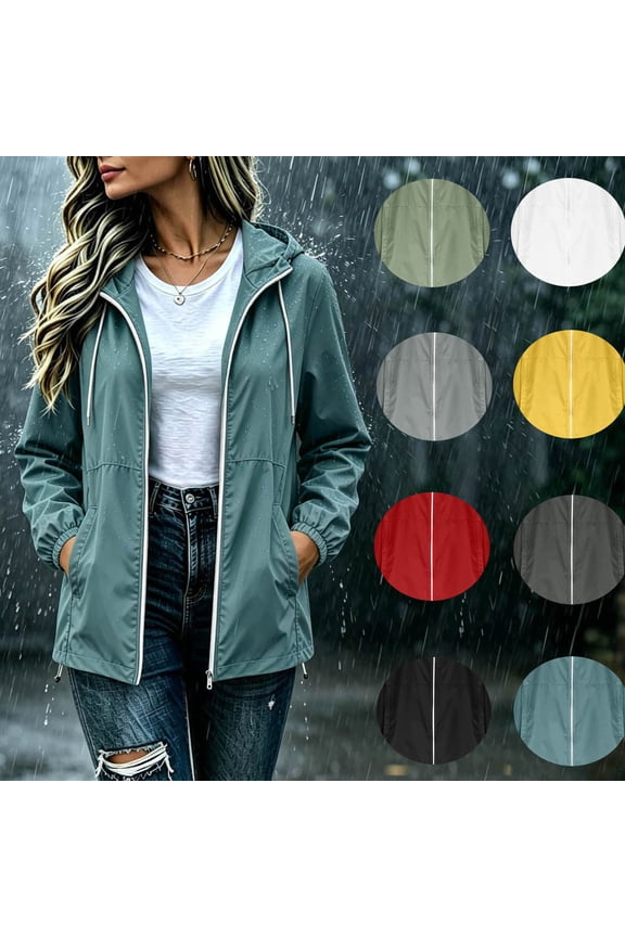 Women's Hooded Drawstring Windrunner, Casual Lightweight Raincoat, Outdoor Sporty Jacket with Exterior Pocket for Casual Outdoor Rainy Days, Yellow L