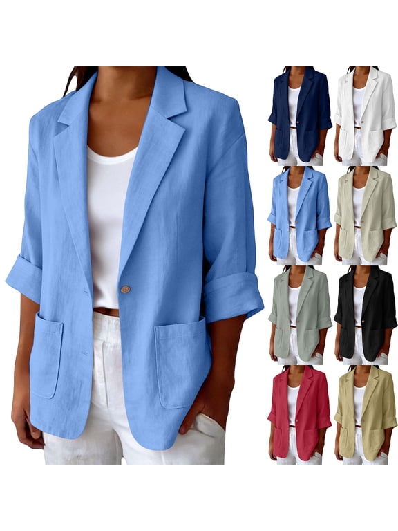 Women's Open Front Blazer, 3/4 Sleeve Casual Coat, Lightweight Office Outerwear for Work Casual, Red S