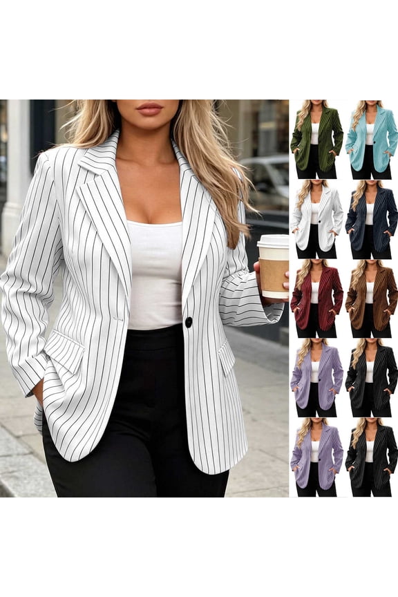 Women's Pinstripe Suit Jacket, Single Button Blazer, Tailored Office Outerwear, Overcoat Sport Button Exterior Pocket for Work Formal Party, Brown S