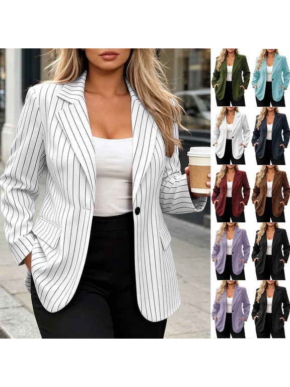 Women's Pinstripe Suit Jacket, Single Button Blazer, Tailored Office Outerwear, Overcoat Sport Button Exterior Pocket for Work Formal Party, White 2XL
