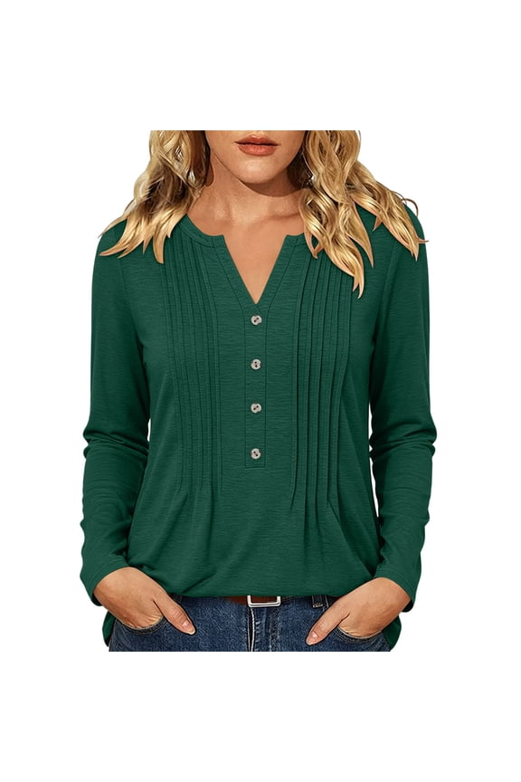 Women's Pintuck V-Neck Button Blouse, Long Sleeve Pleated Top, Casual Work Shirt for Office Daily Leisure, Army Green M