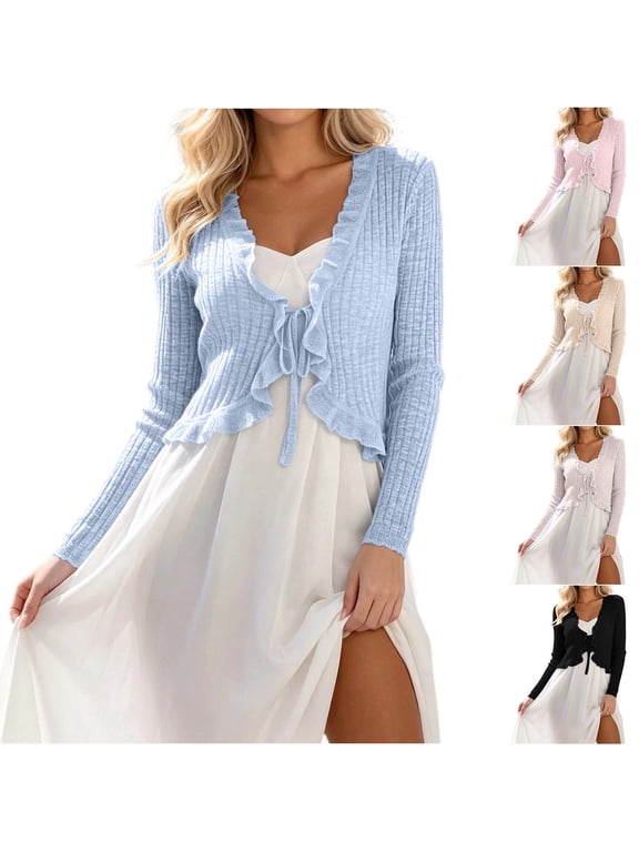 Women's Ruffle Trim Cardigan, Tie Front Crop Jacket, Lightweight Casual Outerwear for Casual Party Night Out, Beige Free Size