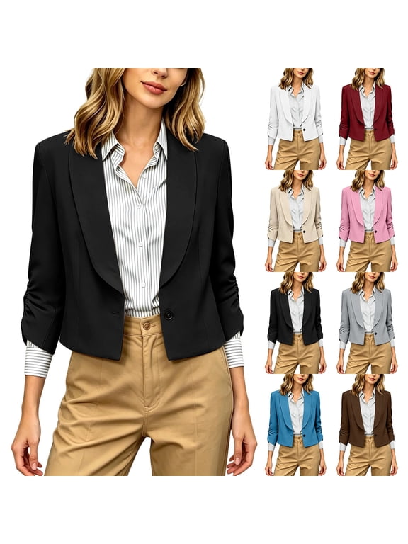 Women's Shawl Collar Cropped Blazer, Long Sleeve Workwear Jacket, Casual Button-Front Outerwear with Shoulder Pads for Work Casual, Wine XL