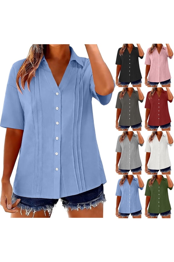 Women's Short Sleeve Blouses, Spread Collar Button-Down Shirts, Casual Solid Tops, Officewear Work, Spring Summer, Gray 2XL