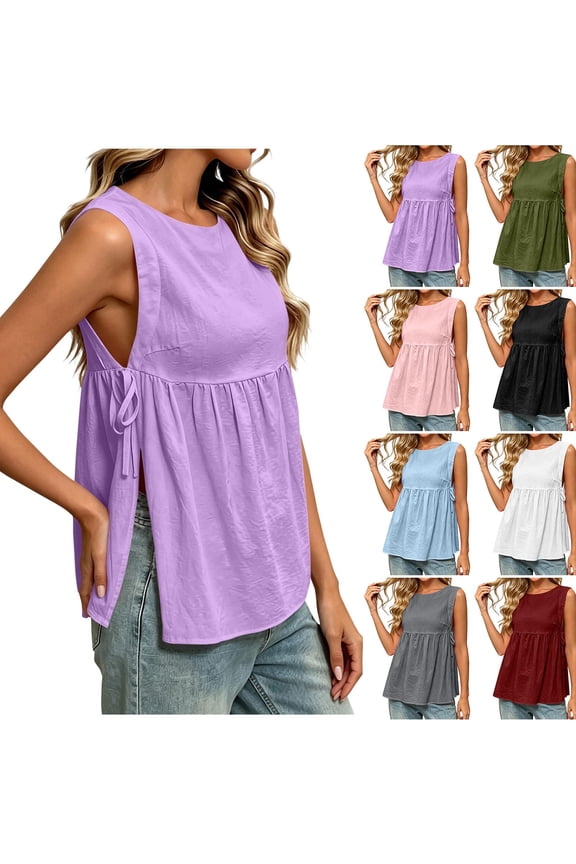 Women's Sleeveless Blouses, Crew Neck Tees, Loose Fit Tops, Drawstring Tie Front, Casual Vacation Wear, White 2XL