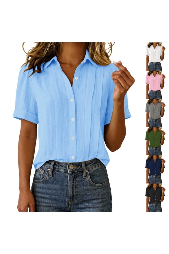 Women's Spread Collar Short Sleeve Shirt, Casual Button Up Blouse, Office Workwear Top for Work Casual Vacation, Green 2XL