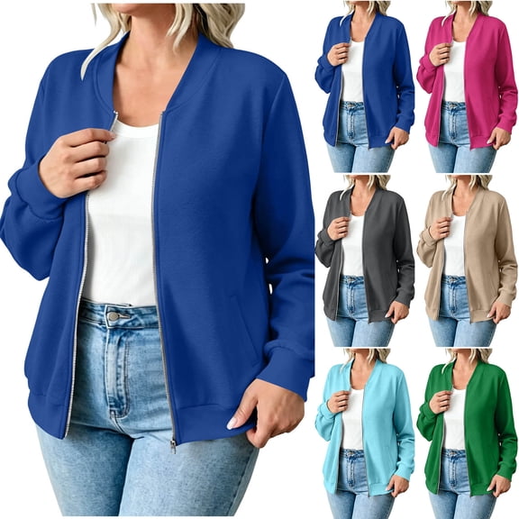 KTFgvq Women's Varsity Zip-Up Track Jacket, Casual Fleece Sport Coat, Athletic Baseball Top with Exterior Pocket for Casual Workout Leisure, Sky Blue S