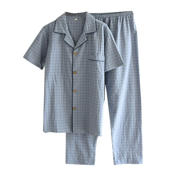 KTJTDRVH Summer Pajama Set Men'S Pajamas Summer Thin Washed Cotton Fabric Short Sleeved Long Pants Home Clothing Plaid Summer Cotton Set Long Lasting