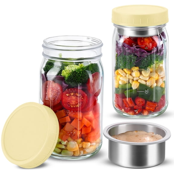 KTKUDY 2 Pack 32 oz Glass Salad Jars with Dressing Cups (Pod) - Meal Prep Salad Container for Lunch - Leakproof Mason Jars with Lids