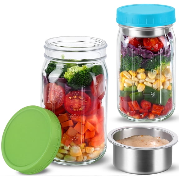 KTKUDY 2 Pack 32 oz Glass Salad Jars with Dressing Cups (Pod) - Meal Prep Salad Container for Lunch - Leakproof Mason Jars with Lids