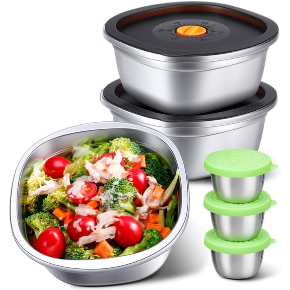 KTKUDY Stainless Steel Salad Bowls with Lids and Dressing Cups, Leakproof, 3 Pack, 50 oz
