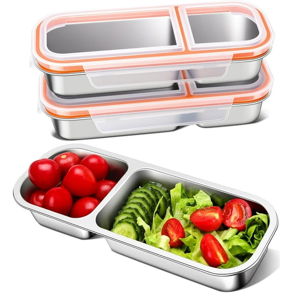 KTKUDY 3 Pack Stainless Steel Snack Containers for Kids & Adults - Large - Leak-Proof 2-Compartment Stackable Snack Lunch Boxes for Daycare, School, Work & Travel
