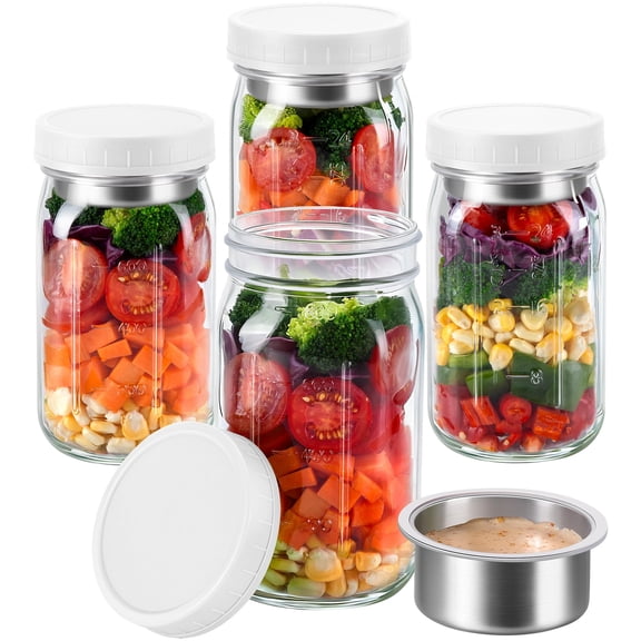 KTKUDY 4 Pack 32 oz Glass Salad Jars with Dressing Cups (Pod) - Meal Prep Salad Container for Lunch - Leakproof Mason Jars with Lids