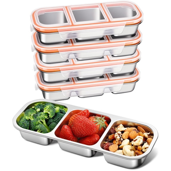 KTKUDY 5 Pack Stainless Steel Snack Containers for Kids & Adults - Large - Leak-Proof 3-Compartment Stackable Snack Lunch Boxes for School, Work & Travel