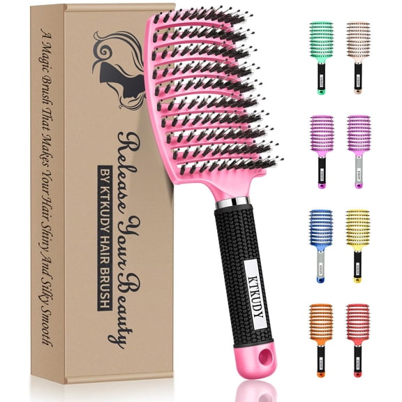 KTKUDY Detangling Brush Boar Bristles Hairbrush Make Hair Shiny & Healthier Curved and Vented Detangler Brush for Women Men Kids Wet & Dry Hair (Pink)