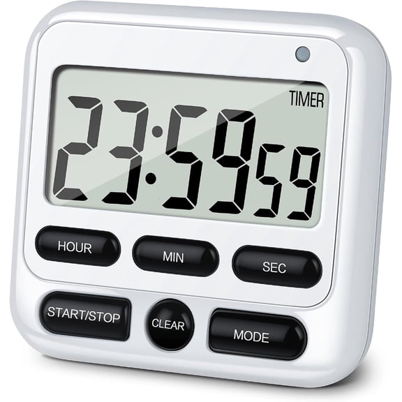 KTKUDY Digital Kitchen Timer with Mute/Loud Alarm Switch ON/Off Switch, 12-Hour Clock & Alarm, Memory Function Count Up & Count Down for Kids Teachers Cooking, Large LCD Display (White)