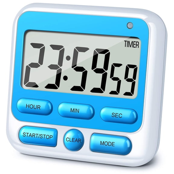 KTKUDY Digital Kitchen Timer with Mute/Loud Alarm Switch ON/Off Switch, 12-Hour Clock & Alarm, Memory Function Count Up & Count Down for Kids Teachers Cooking, Large LCD Display, Strong Magnet (Blue)
