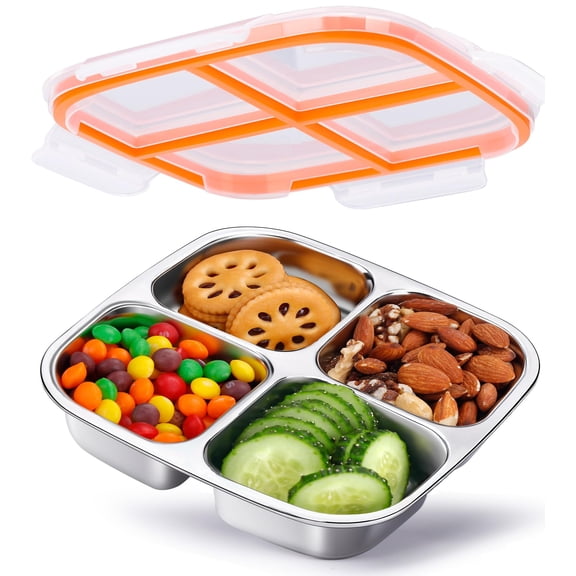KTKUDY Stainless Steel Snack Container - Divided Bento Snack Box - 4 Compartment Meal Prep Lunch Container for Kids Daycare, School, Work, Travel