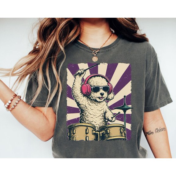 Mini Poodle Drummer Retro Graphic Tee Drum Set Dog Illustration Comfort Colors Unisex Cotton T-Shirt, Size S-3XL