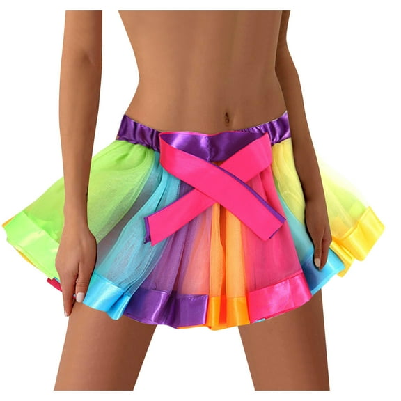 KTMKH Adult Women 80's Tutu Skirt Layered Tulle Rainbow Elastic 3 Layered Short Skirt Adult Tutu Dancing Tutu Skirt