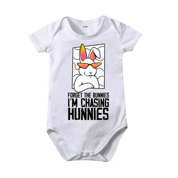 KTMKH Boys And Girls Cartoon Bunny I AM CHASINGS HUNNIES Print Short Sleeved Crawl Clothes 0 To 24 Months Kids For 0-3 Months