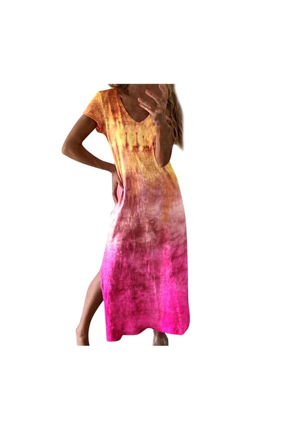 Summer Dresses For Women Fashion Tie-Dye V-Neck Long Dress Short Sleeve Hem Split Casual Dress