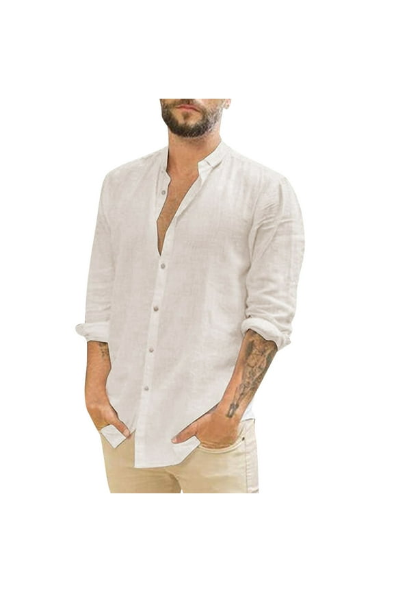 Linen Shirt for Men Casual Solid Shirt Long Sleeve Button Turn-Down Collar Tops Shirt