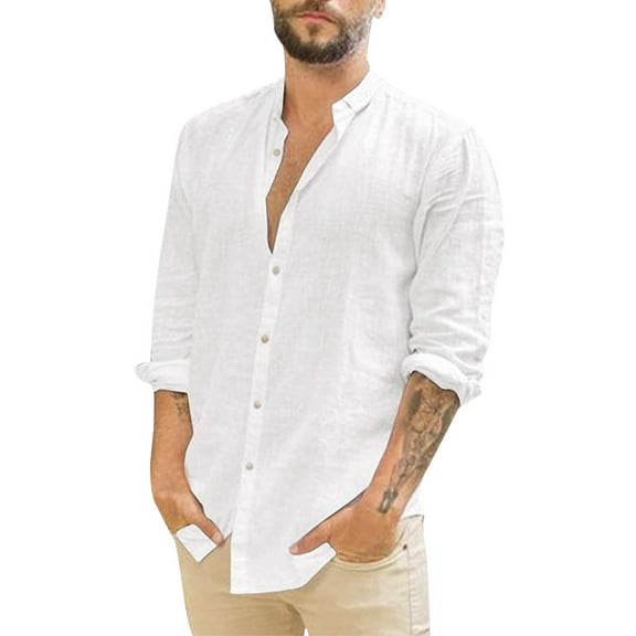 KTMKH Linen Shirt for Men Casual Solid Shirt Long Sleeve Button Turn-Down Collar Tops Shirt