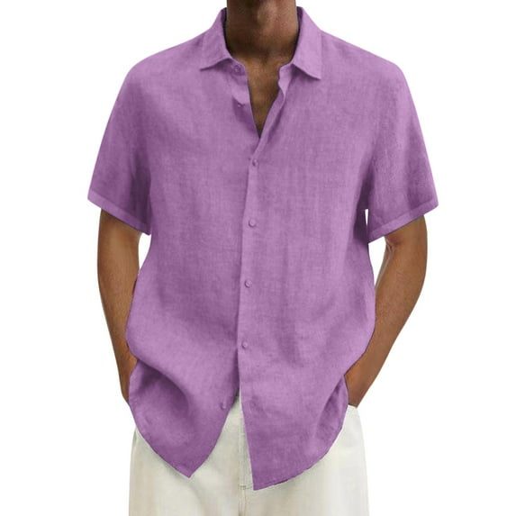 KTMKH Male Summer Hawaii Solid Shirt Short Sleeve Double Pocket Turn Down Collar Button Shirt