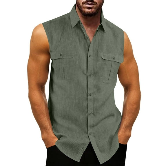KTMKH Male Summer Top Shirt Double Pocket Shirt Sleeveless Turn Down Collar Shirt