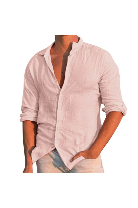 Mens Cotton Linen Shirt Male Summer Cotton Linen Solid Casual Plus Size Loose Shirt Turn Down Collar Long Sleeve Shirt