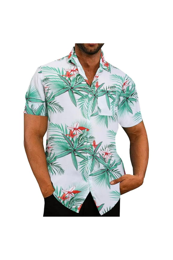 Mens Cotton Linen Shirt Spring Summer Shirt Casual Hawaiian Beach Tropical ButtonUp Top Shirt Printed Short Sleeve Shirt