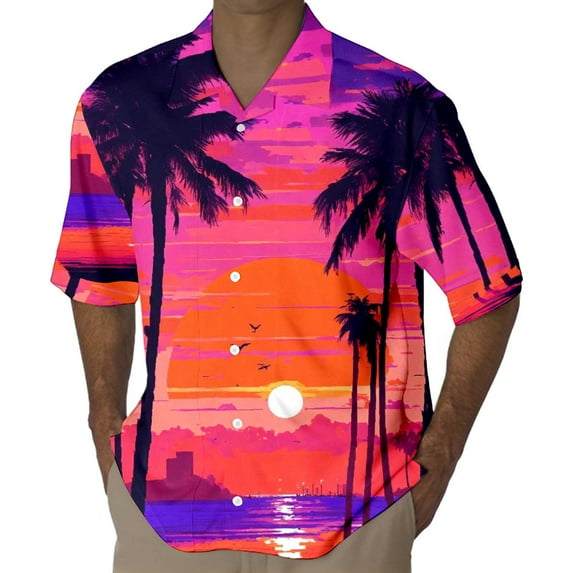 KTMKH Mens Short Sleeved Casual Style Shirt 3D Print Seaside Coconut Sunset Print Short Sleeved Cardigan Button Lapel Shirt