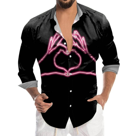 KTMKH Mens Valentines Day Digital 3D Printed Button Lapel Long Sleeve Shirt Top