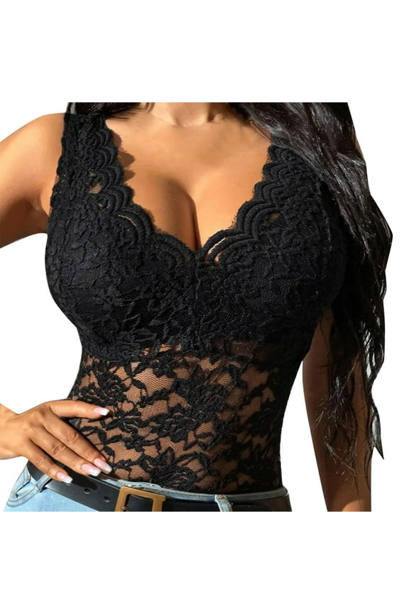 KTMKH Underwear Women High Waist Lace Shirt See Through Casual Slim Fit Tops V Neck Embroidery Tank Top Temperament Trim Plunging Neck Lace Lingerie Vest Lingerie
