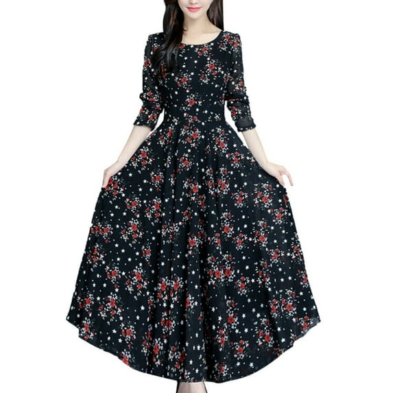 KTMKH Women Floral Beach Dress Long Sleeve Casual Party Vintage Boho Dress Summer Dresses