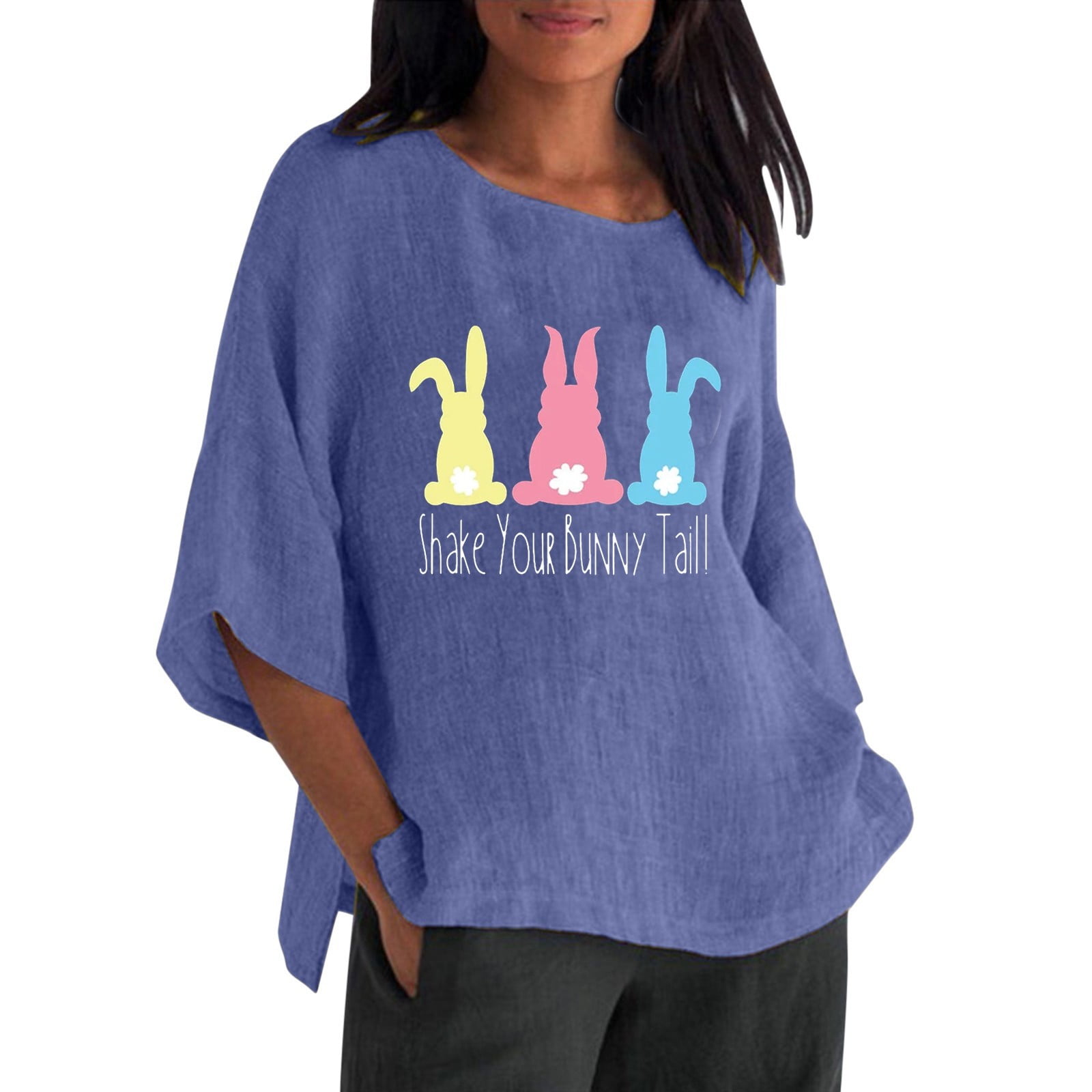 KTMKH Women Henley Shirts Easter 3 Of 4 Sleeve Crew Neck Rabbit Funny Patterns Loose T Shirts