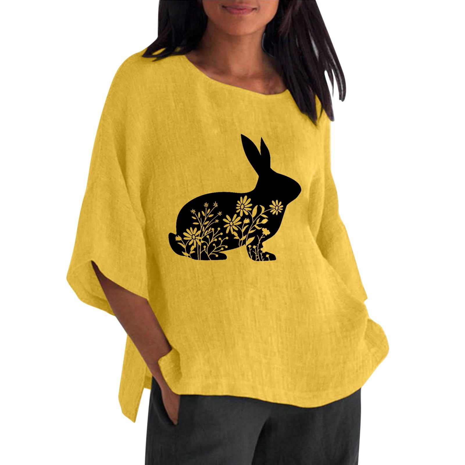 KTMKH Women's 2024 Fashion Tops Easter 3 Of 4 Sleeve Crew Neck Rabbit Funny Patterns Loose T