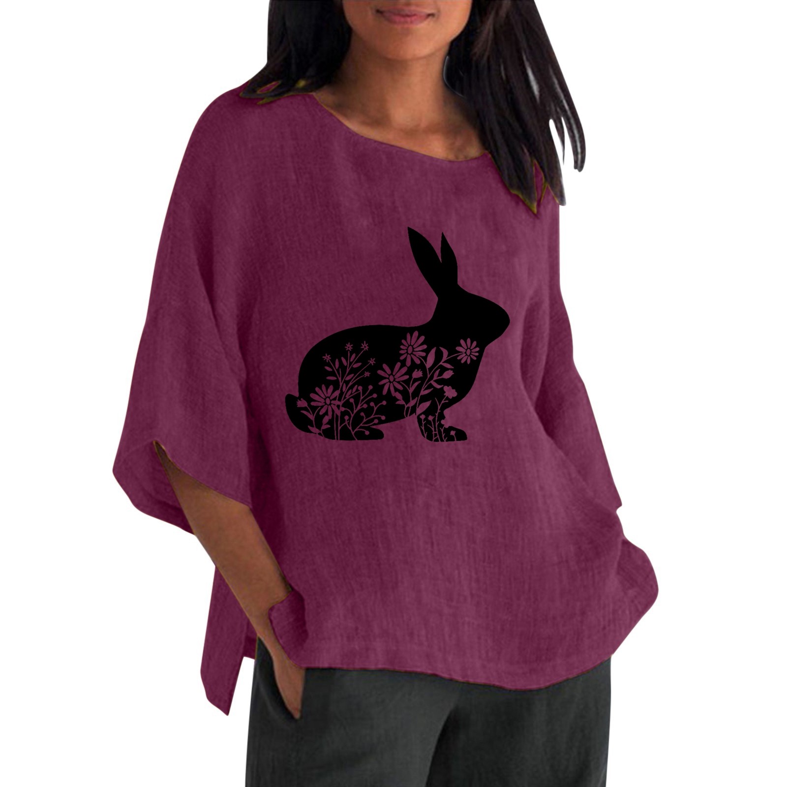 KTMKH Women's 2024 Fashion Tops Easter 3 Of 4 Sleeve Crew Neck Rabbit Funny Patterns Loose T