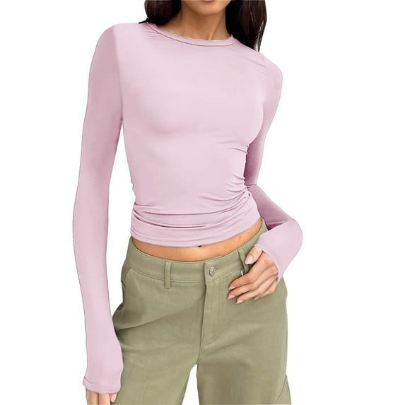 KTMKH Women's Long Sleeve Crew Neck Slim Fit T Shirts 2024 Y2k Clothes Spring Summer Basic Going Out Tops