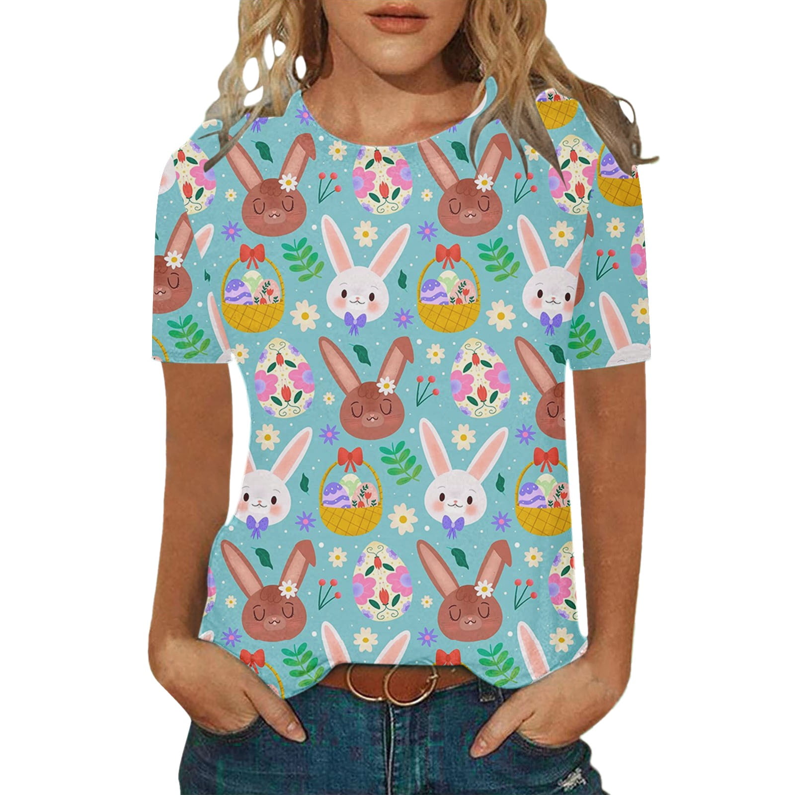 KTMKH Women's Oversized T Shirts Easter Short Sleeve Crew Neck Rabbit Chicken Printed T Shirt