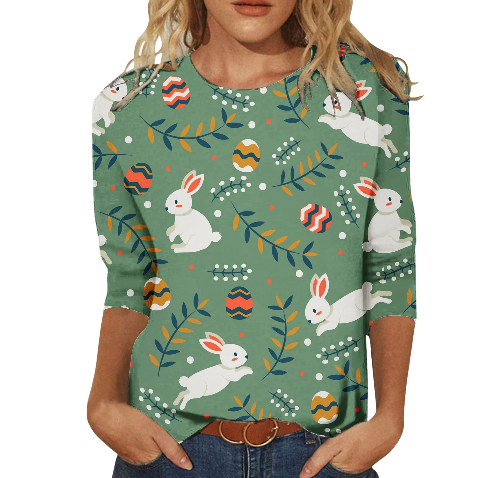 KTMKH Women's Summer Tops Casual Round Neck Fashion Trend Three Quarter Sleeve Printed Cartoon