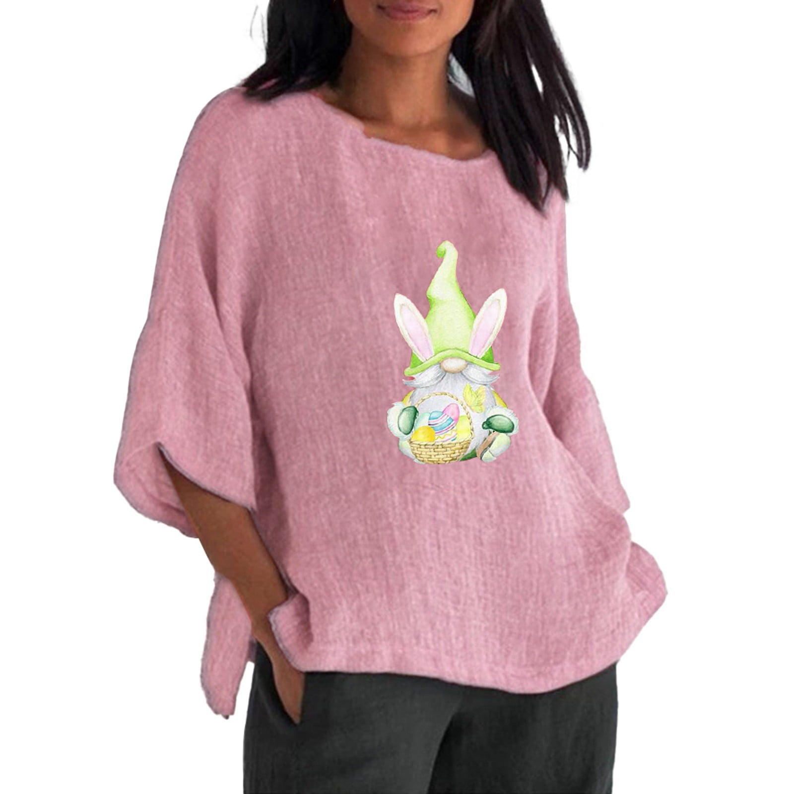 KTMKH Womens Oversized T Shirts Loose Fit Easter Printed Cropped Sleeve Round Neck Blouse Blouse