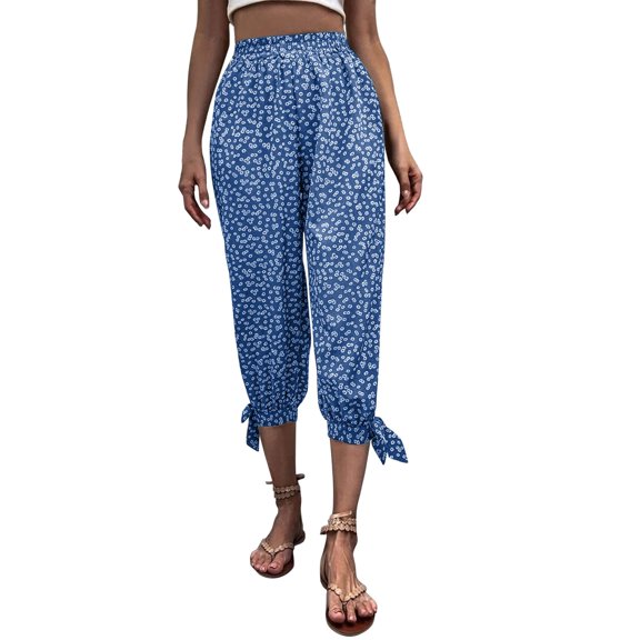 KTMKH Womens Parachute Pants Drawstring Elastic Flower Prinnted Linen Capri Pants Elastic Waist Summer Cropped Trousers With Pockets Casual Trousers