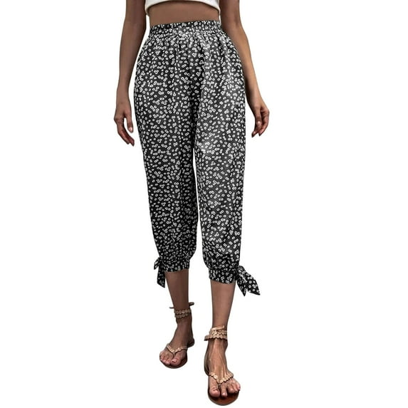KTMKH Womens Parachute Pants Drawstring Elastic Flower Prinnted Linen Capri Pants Elastic Waist Summer Cropped Trousers With Pockets Casual Trousers