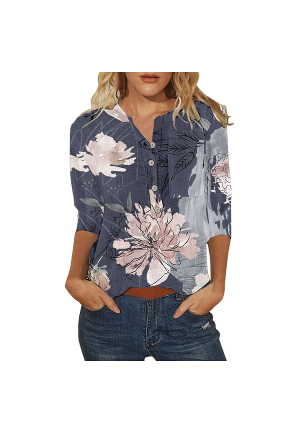 Womens Summer Tops Casual Fashion Flower Feather Printing Buttons Crewneck 3/4 Sleeve T Shirt Blouse Basic Shirts