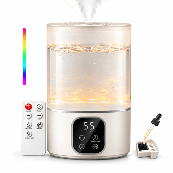 KTO Humidifier for Bedroom, 4L Ultrasonic Cool Mist Top Fill Aroma Diffuser Humidifiers 25dB Quiet Remote Timer for Home, Office, Baby Bedroom, White